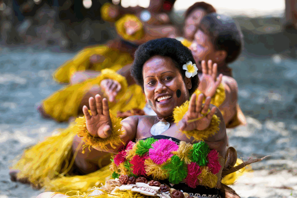 Fijian women performing a traditional Meke dance. Photo courtesy of Tourism Fiji.