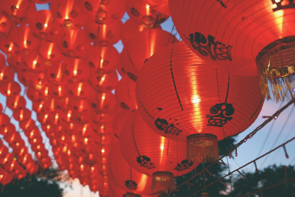 Red Lanterns Hanging Above a Street, Bangkok, Thailand