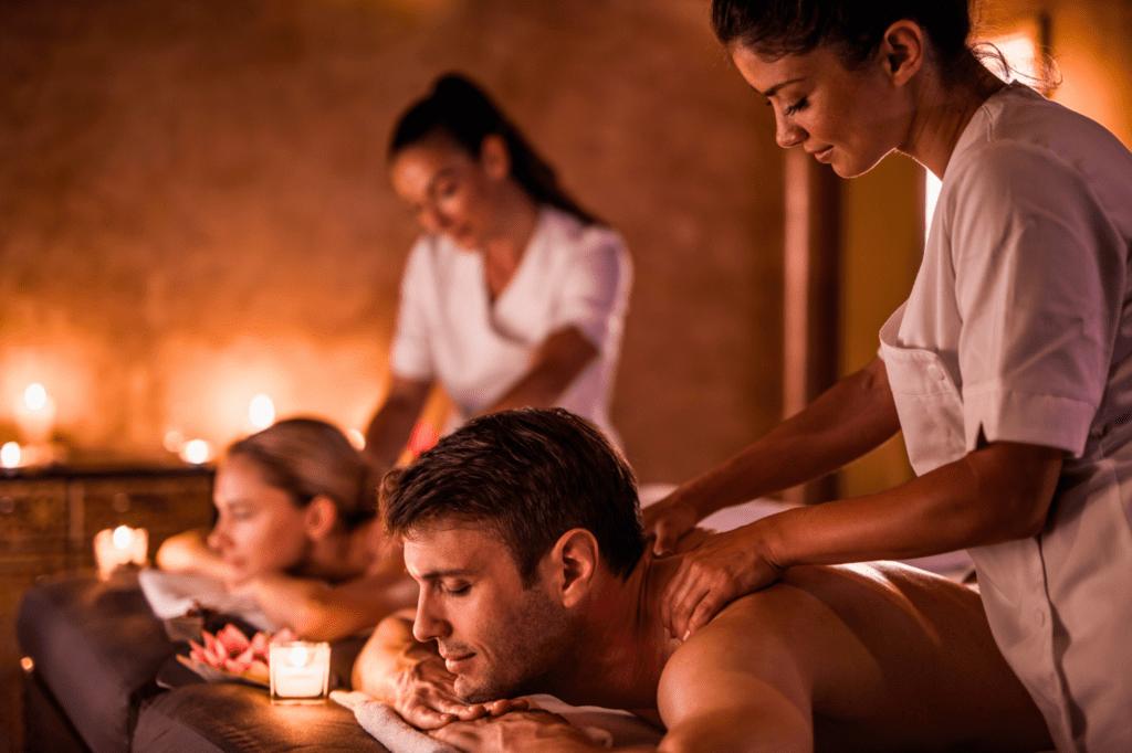 A couple experiencing a relaxing couples massage
