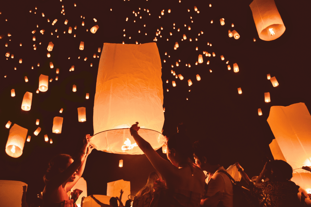 Loy Krathong Festival, Thailand with lanterns being released into the night sky