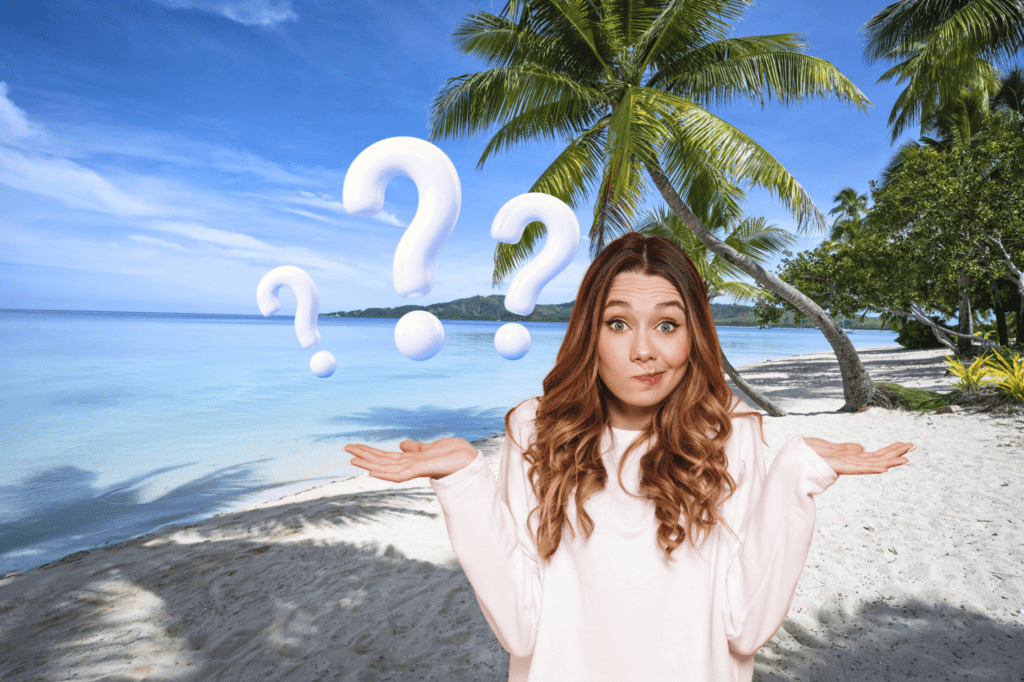 Lady shrugging shoulders with idylic beach background