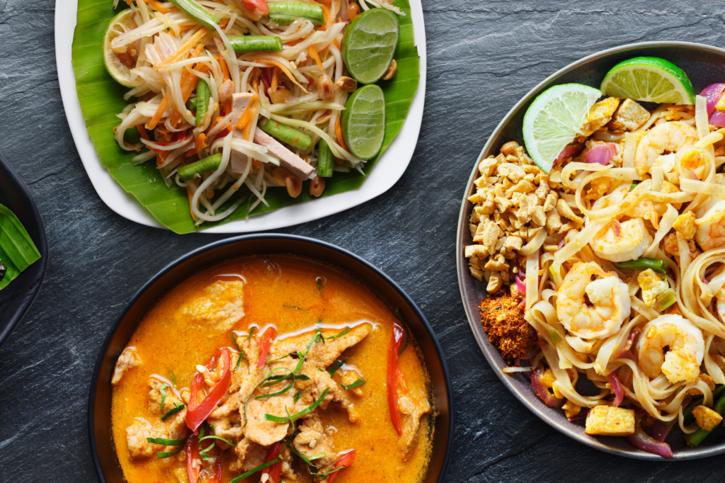 Assorted Thai Food with Shrimp Pad Thai and Panang Curry